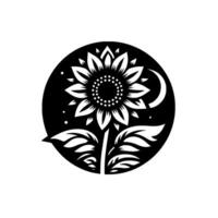 Stylized black and white sunflower within a circular frame, featuring a crescent moon and stars, evoking a serene and nocturnal aesthetic. vector