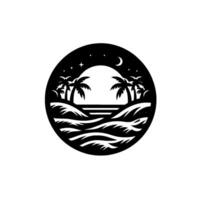 A minimalist, circular black and white featuring a tropical seaside night scene with palm trees, moon, stars, and ocean waves. vector