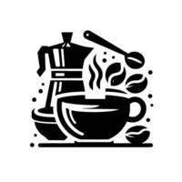 Monochrome coffee brewing illustration featuring a Moka pot, cup, beans, spoon, and steam. vector