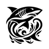 Dynamic black and white illustration of a great white shark bursting from stylized ocean waves, embodying power and aquatic beauty. vector