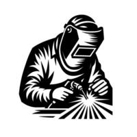 Bold Black and White Illustration of a Welder in Protective Gear at Work, Welding Sparks Radiating From Tip. vector