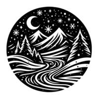 Black and White Circular Illustration of a Snowy Mountain Landscape Under a Crescent Moon and Starry Sky, with a Flowing River, Pine Trees, and Snowfall. vector