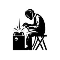 Silhouette of a Welder, Seated, in Protective Gear, Performing Industrial Welding on a Box with Bright Sparks and Modern . vector