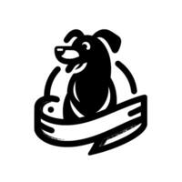 Black and White Dog with a Ribbon A joyful canine silhouette set within a bannerstyle frame, exuding happiness. vector