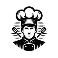 Monochrome Chef Frontal view of a skilled chef, encircled, featuring a classic toque and spatulas, embodying culinary expertise. vector