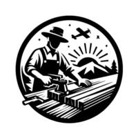 Rustic Carpenter Crafting Wood in Circular Silhouette with Landscape Elements, Plane and Stars. vector