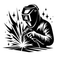 Black and White Illustration of a Welder in Action, Shielded by a Mask, Sparking, With Geometric Composition vector