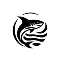 A minimalist, black and white shark , featuring the animal inside of an encompassing spherical form with stylized water elements and a curved top. vector