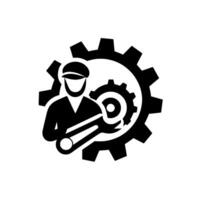 Mechanic Silhouette with Wrench Holding Tools Overlapping Cogwheels, Symbolic of Engineering and Repair Services in Monochrome. vector