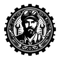 Stern, Black and White Portrait of a Bearded Mechanic Within a GearShaped Emblem, Holding Wrenches, Symbolizing Industry and Skill. vector