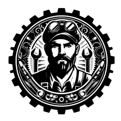 Stern, Black and White Portrait of a Bearded Mechanic Within a GearShaped Emblem, Holding Wrenches, Symbolizing Industry and Skill.