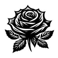Bold, black and white stylized illustration of a rose, with sharp edges, petals and leaves against a white background. vector
