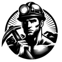 Stern portrait of a muscular miner with a helmet and a pickaxe, in a black and white circular . vector