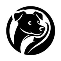 A stylized, black and white illustration of a dogs head inside a circular frame, conveying friendliness and a playful disposition. vector