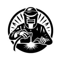 Black and white circular emblem of a welder in action, welding sparks, wearing a mask, holding a torch, and surrounded by a radiating burst. vector