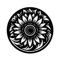 Intricate black and white circular featuring a stylized sunflower with a detailed petal arrangement and a dotted center, set against a plain white background. vector
