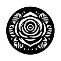 A black and white stencil art of a stylized rose within a circular frame, showcasing intricate petal and leaf details. vector