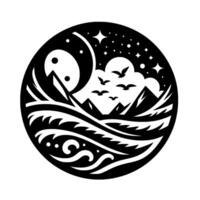 Black and white circular illustration, depicting a stylized night landscape featuring a crescent moon, mountains, flying birds, stars, and decorative water patterns. vector