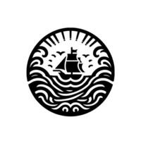 Stylized Circular Black and White Nautical Emblem Featuring a Sailboat, Waves, Birds, and Exclamation Marks. vector