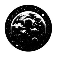 A Stellar Circle Celestial Illustration of a Cloudy Planet Surrounded by Moons and a StarSpeckled Void, in a Black White, Style. vector