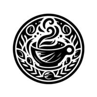 A stylized black and white coffee cup within a circular frame, featuring swirling steam, coffee beans, and organic leaf motifs, creating a classic emblem. vector