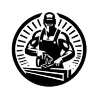 Black and white illustration of a muscular carpenter in overalls using a power planer on wood, framed within a circular . vector