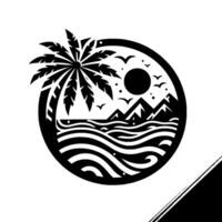 Serene Tropical Island Scene in a Circle Palm Tree, Sun, Mountains, Waves, and Birds in Minimalist Black and White . vector