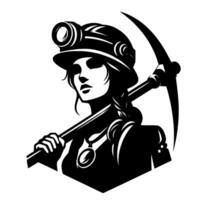 A determined female miner in monochrome, wearing a helmet with a headlamp, shoulderholding a pickaxe, and looking forward. vector