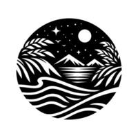 Silhouette of a tropical night scene within a circle moonlit mountains, ocean, palm trees, stars, and birds. vector