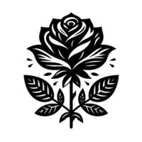 Bold Black and White Illustration of a Rose with Detailed Petals, Leaves, and Droplet Accents on White Background. vector