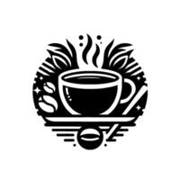 Stylized black and white coffee featuring steaming cup, beans, leaves, and geometric accents within a circular emblem, perfect for cafes. vector