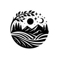 A monochrome circular nature scene with mountain range, tree, field, stars, moon, and sun, in a symmetrical . vector