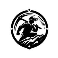 Black and White Silhouette of a Determined Miner with Pickaxe, Helm, and Lamp Inside a Circular Emblem. vector