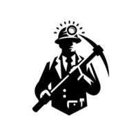 Monochrome silhouette of a miner wearing a helmet with a headlamp, holding a pickaxe, in a business suit, against a white background. vector