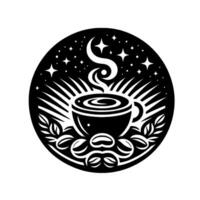 Celestial Coffee A black and white depicting a steaming coffee cup under a starry night sky, surrounded by coffee beans and foliage, in a circular emblem. vector