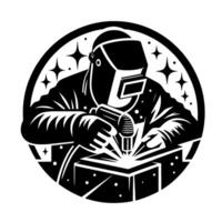Black and white illustration within a circle of a welder at work, with sparks, safety helmet, and stars, welding metal. vector
