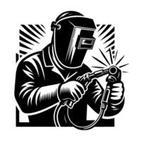 Black and White Illustration of a Welder with Shield, Torch and Sparks, Highlighting Craftsmanship and Industrial Precision. vector