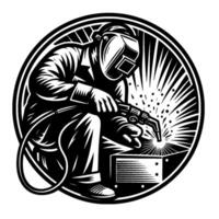 Black and White Illustration of a Welder in a Protective Mask, Welding Metal Inside a Circular Frame with Sparks. vector