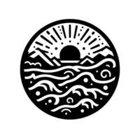 A stylized circular black and white illustration of a sunrise over a mountain range and rolling ocean waves. vector