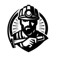 Rugged black and white illustration depicting a determined miner wearing a hardhat, centered within a diamond shape, wielding a pickaxe. vector