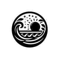 A minimalist monochrome emblem depicting the sun setting over a stylized sea, waves, and stars in a circular frame. vector