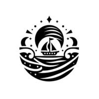 Stylized black and white nautical emblem with sailboat on wavy seas, encircled by stylized moon, stars, and decorative elements. vector