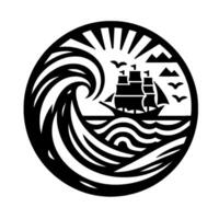 Black and White Circular Silhouette of a Sailing Ship at Sea, With Crashing Wave and Coastal Elements, Representing Maritime Journey. vector