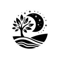 A serene monochrome emblem depicting a stylized tree on rolling hills beneath a crescent moon, surrounded by a constellation of stars within a circular frame. vector