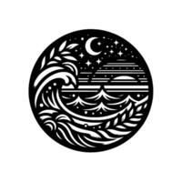 Black and white circular depicting a night ocean scene with stylized waves, moon, stars, trees, and foliage. vector