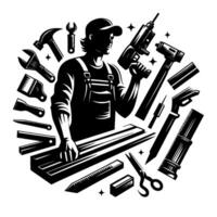 A blackandwhite illustration of a carpenter in overalls surrounded by tools, poised to work on wooden planks with a drill. vector