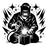 Black and white of a seated welder in protective gear, welding a metal block with sparks and starburst effects. vector
