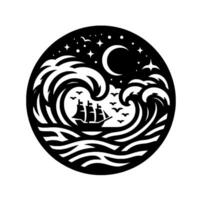 Silhouette of a sailing ship navigating stormy ocean waves under a crescent moon and stars, circle . vector