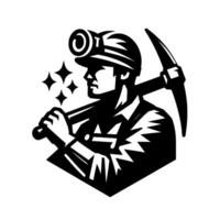 Black and White Illustration of a Miner with Helmet, Lamp, and Pickaxe, with Sparkling Accents. vector