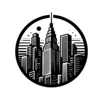 Black and White Stylized Cityscape Within a Circle, Featuring Skyscrapers, Moon, and Minimalist . vector